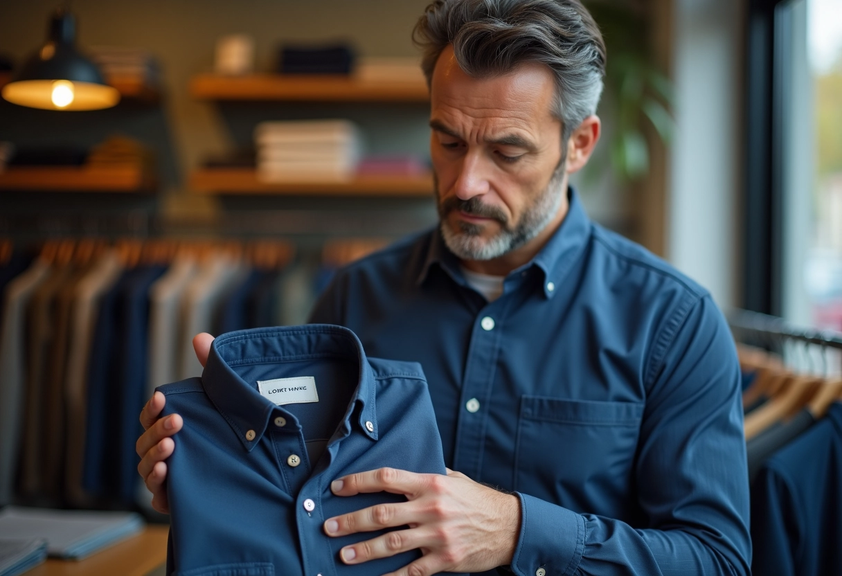 Homme inspecte un shirt dans une boutique de vetements