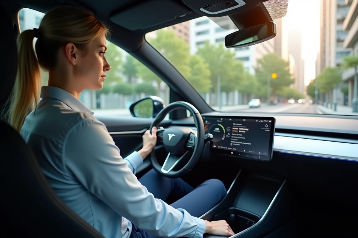 Ingénieure analysant un tableau de bord dans une voiture électrique en extérieur