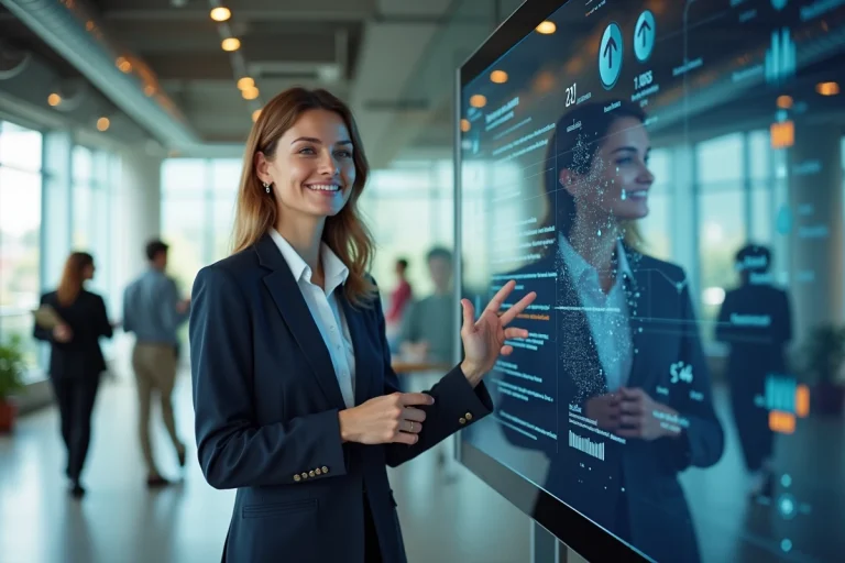 Femme cadre présentant des innovations et tendances de l'écosystème Paris-Saclay Invest sur un écran interactif dans un hub technologique moderne