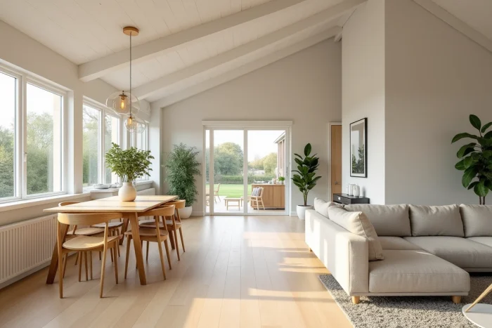 Intérieur moderne d'une maison Natilia avec sol en chêne et séjour ouvert lumineux de qualité