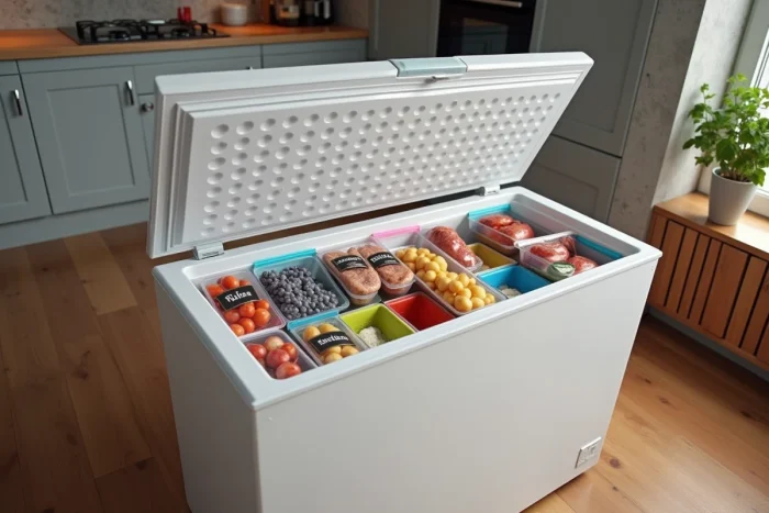 Intérieur d'un surgélateur domestique bien organisé avec aliments étiquetés et rangés par catégorie