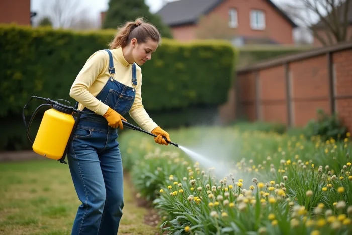 Jardinière appliquant un herbicide liquide au pulvérisateur sur des mauvaises herbes résistantes dans un jardin résidentiel en automne