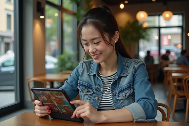 Jeune femme souriante utilisant une tablette dans un café moderne