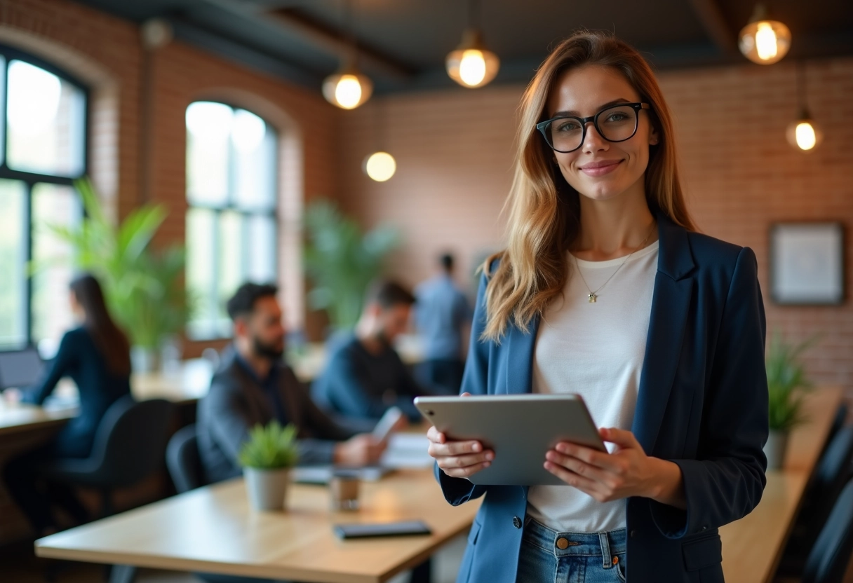 Jeune femme entrepreneure dans un espace de coworking dynamique