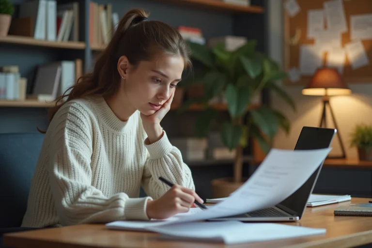 Jeune femme concentrée avec document CNED à son bureau