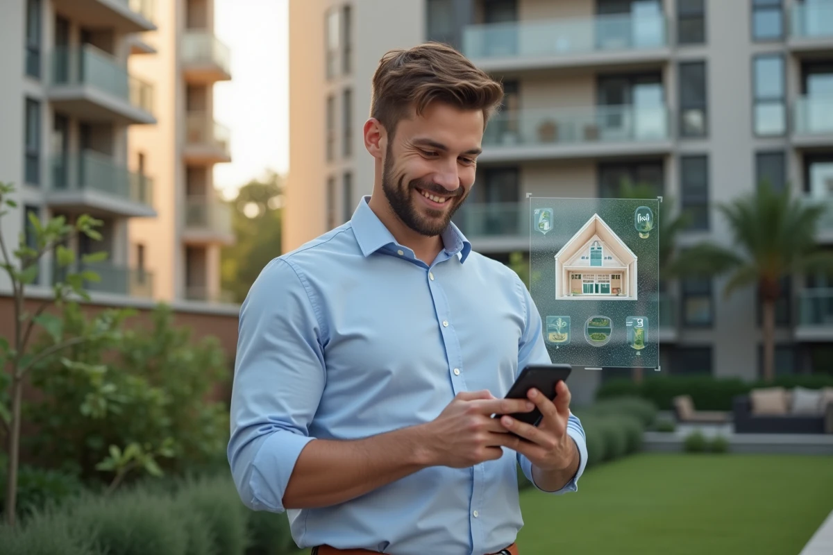 Jeune homme regardant la réalité augmentée devant un immeuble