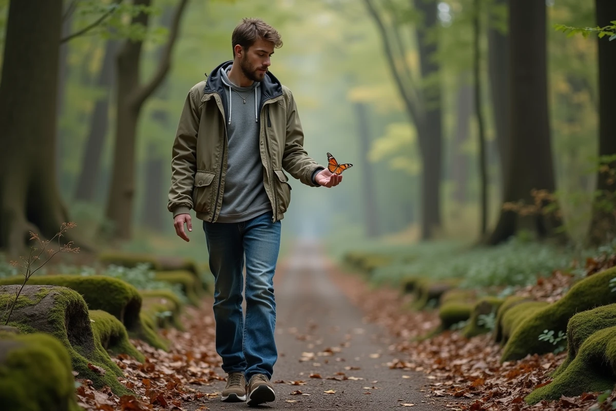 Jeune homme observant un papillon dans la forêt