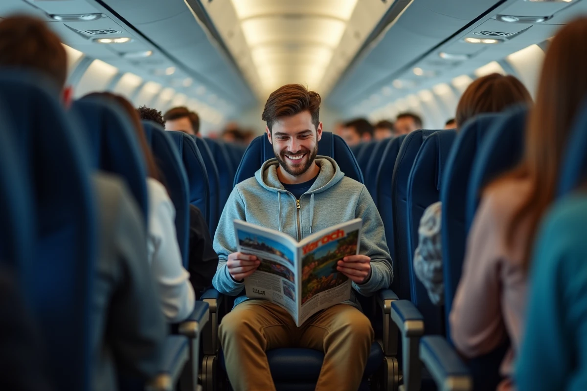 Jeune homme souriant lisant un magazine en avion
