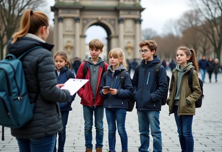 Jeunes collégiens devant un monument historique en extérieur