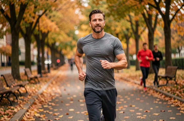 Homme faisant du jogging dans un parc en automne pour perdre du poids durablement grâce à l'exercice régulier