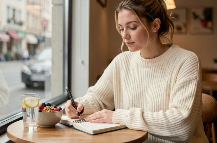 Jeune femme tenant un journal de bien-être dans un café avec un bol de granola et des fruits frais pour une perte de poids durable