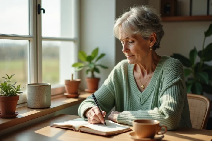 Femme écrivant dans un journal intime près d'une fenêtre avec vue sur la campagne, symbolisant la réflexion intérieure et la vie quotidienne en 5e dimension spirituelle