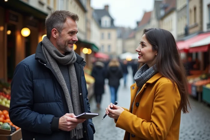 Journaliste interviewant une femme au marché de Rennes