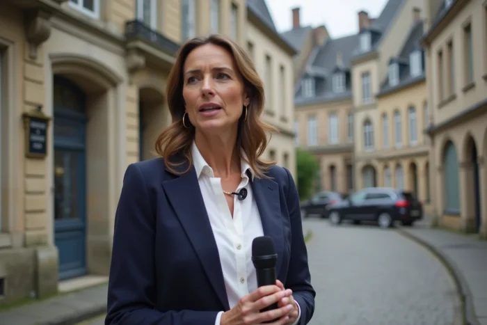 Journaliste en direct devant les façades historiques de Rouen pour un reportage sur l'actualité normande