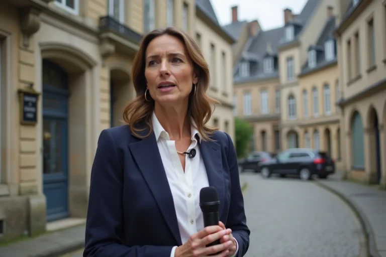 Journaliste en direct devant les façades historiques de Rouen pour un reportage sur l'actualité normande