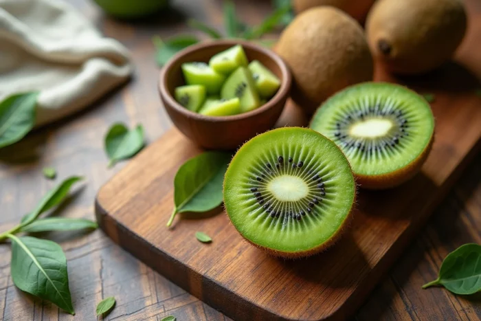 Kiwi coupé en deux sur une planche en bois rustique avec des tranches fraîches dans un bol en céramique, illustrant les bienfaits nutritionnels du kiwi