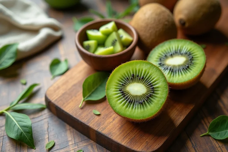 Kiwi coupé en deux sur une planche en bois rustique avec des tranches fraîches dans un bol en céramique, illustrant les bienfaits nutritionnels du kiwi