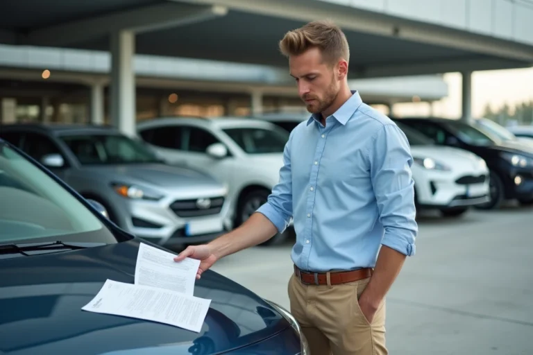Homme vérifiant contrat de location voiture à l'aéroport