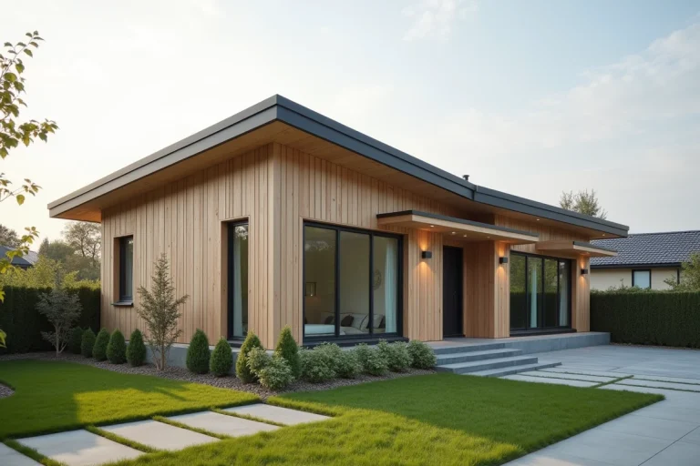 Maison contemporaine Natilia à ossature bois avec bardage clair et grandes fenêtres sur terrain paysagé en 2025