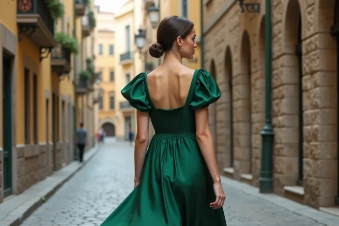 Mannequin et actrice d'origine est-européenne marchant dans une rue pavée historique en robe en soie verte