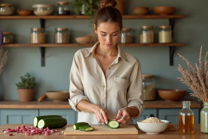 Femme préparant un masque beauté naturel maison avec des ingrédients frais comme le concombre et le miel dans une cuisine rustique