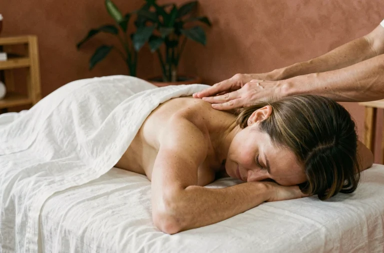 Femme recevant un massage bien-être sur une table professionnelle dans un spa aux tons chauds et apaisants