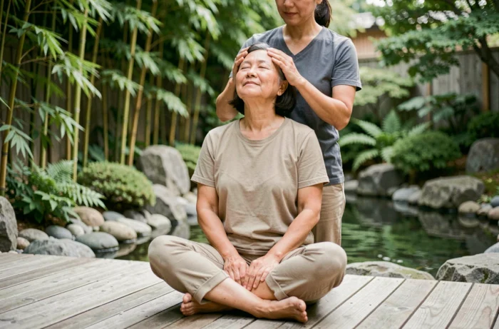 Femme mature profitant d'un massage crânien en plein air dans un jardin zen et apaisant