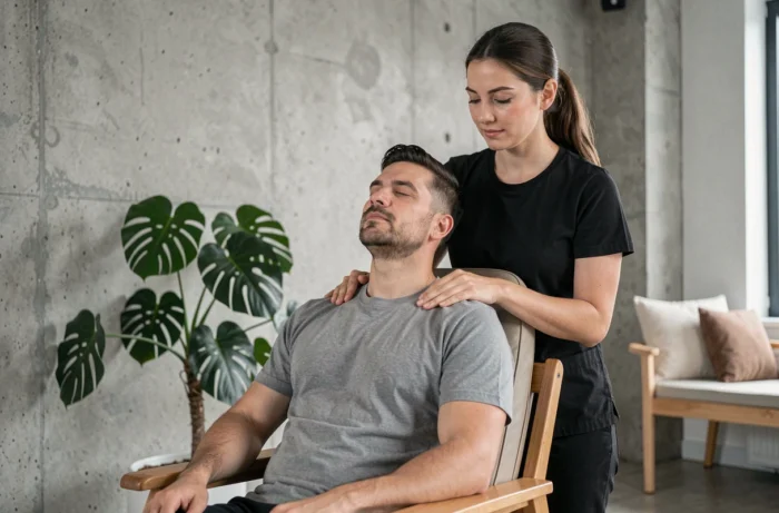 Homme recevant un massage des épaules et du cou dans un studio de bien-être urbain moderne