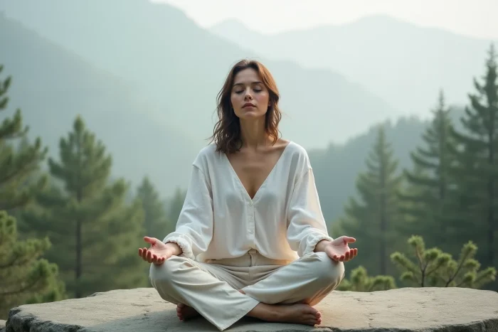 Femme en méditation profonde sur un plateau rocheux dans la brume du matin, symbolisant la transformation spirituelle et l'éveil à la 5e dimension