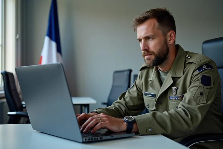 Militaire en uniforme connecté à un portail gouvernemental sur un ordinateur portable dans un bureau administratif de l'armée française