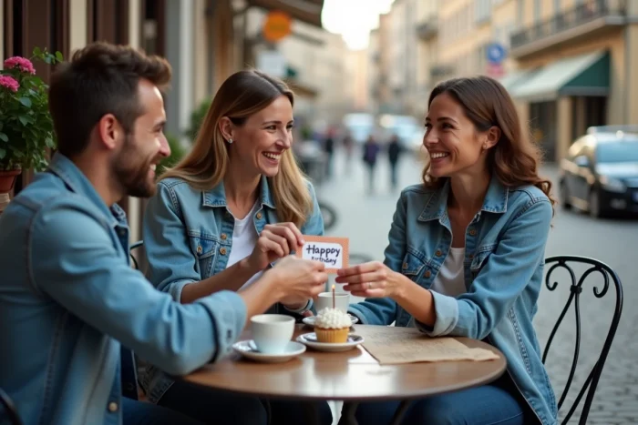 Groupe d'amis trentenaires offrant une enveloppe d'argent pour un anniversaire dans un café en terrasse