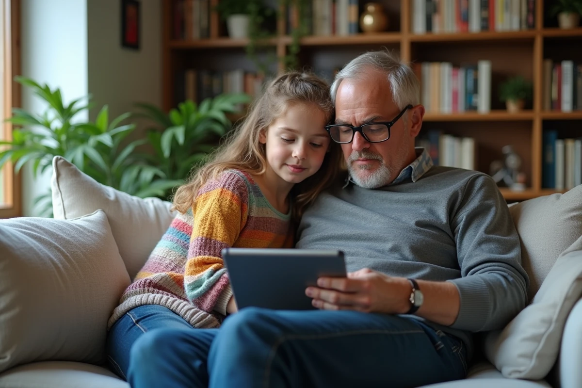 Père et fille lisant un comic interactif sur une tablette dans le salon
