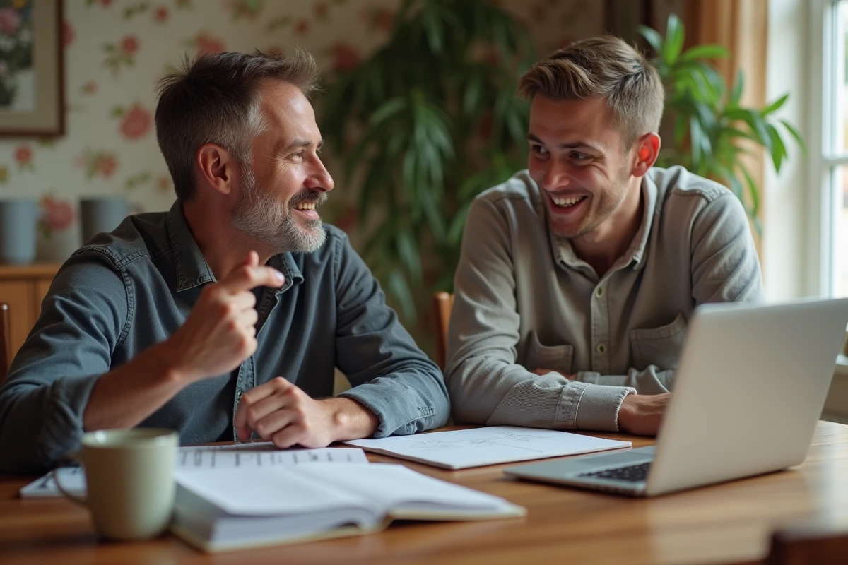 Père et fils étudiant ensemble à la table de repas