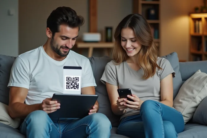 Deux personnes partageant le mot de passe wifi bbox via QR code sur tablette et smartphone dans un salon