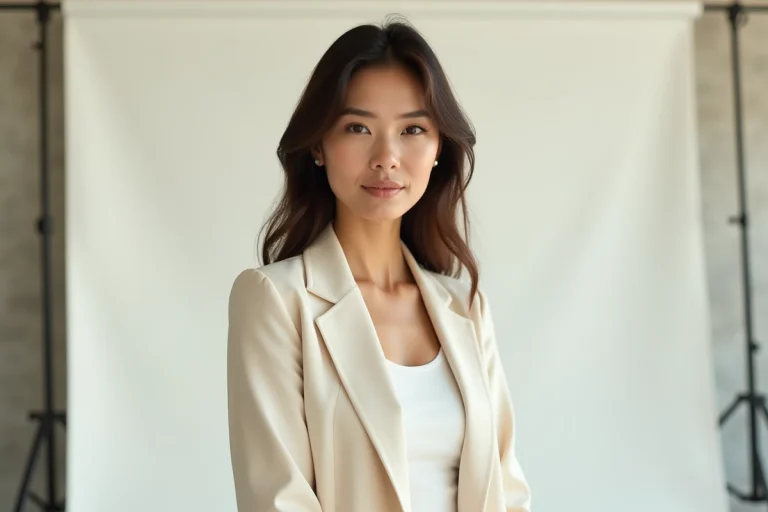 Portrait éditorial d'une actrice et mannequin d'origine est-européenne en blazer crème dans un studio moderne