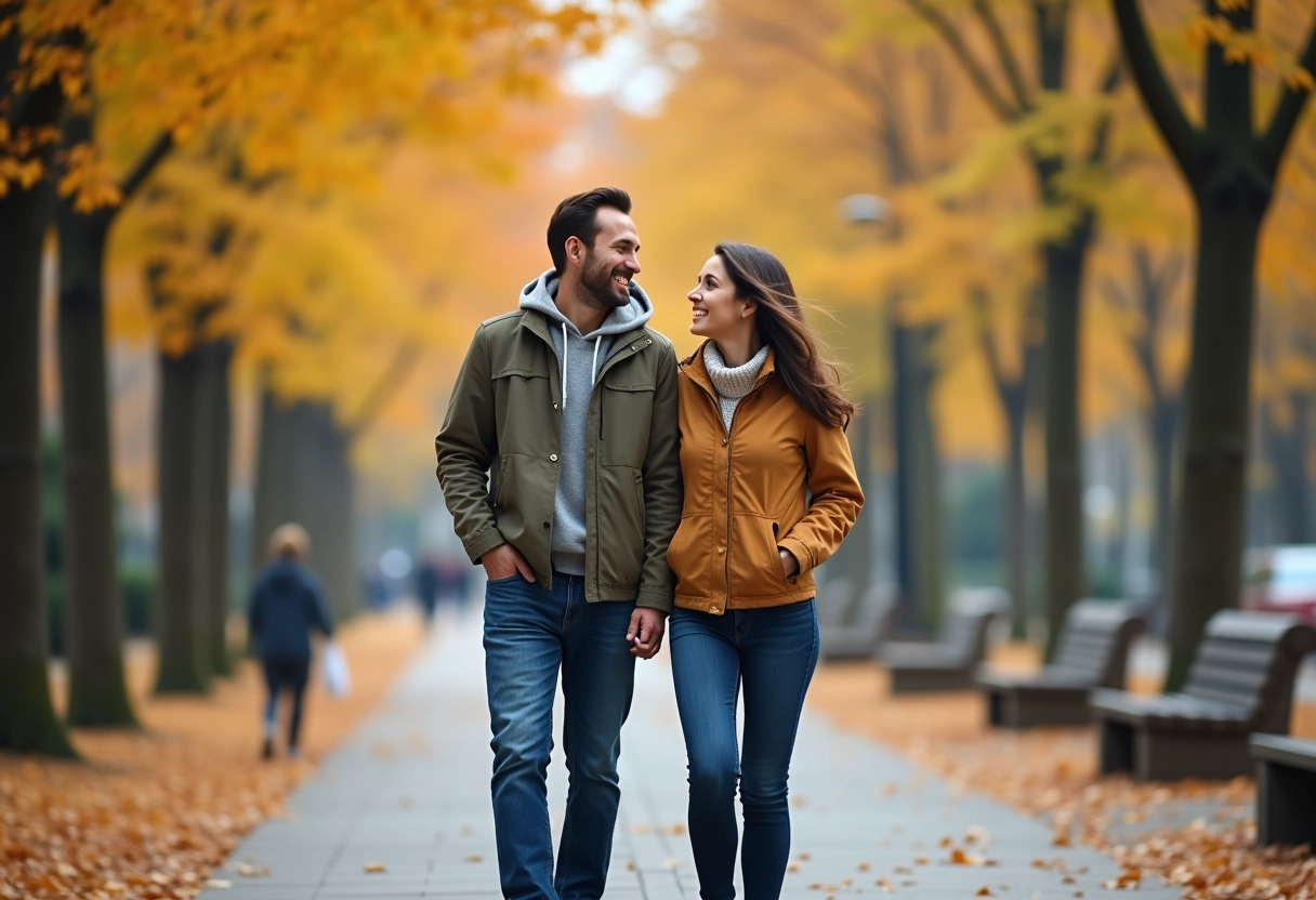 Couple se promenant dans un parc en automne