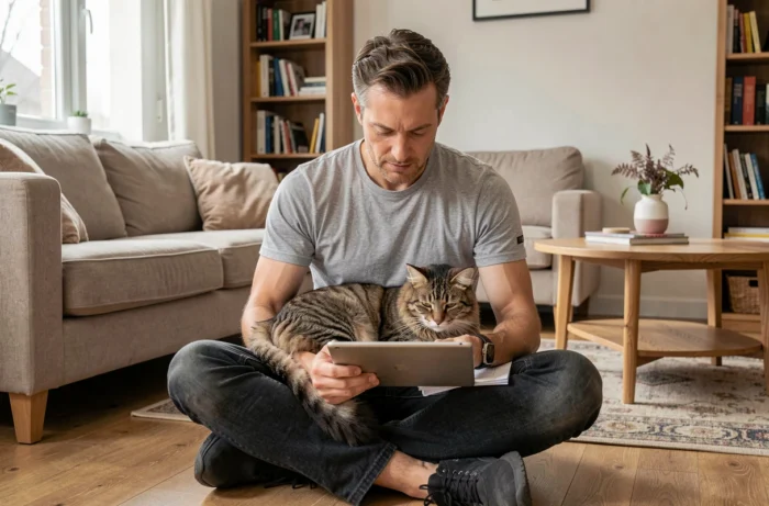 Propriétaire consultant une offre d'assurance animale avec son chat sur les genoux dans un intérieur cosy