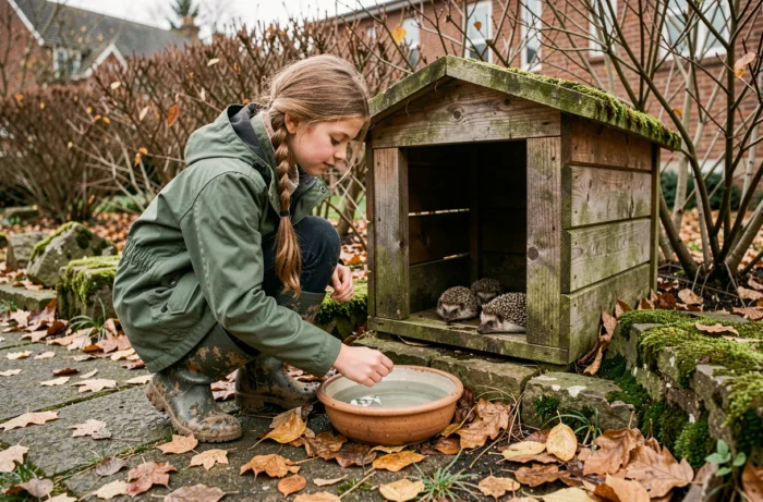 Jeune fille installant un abri et de l'eau pour les animaux sauvages dans un jardin en automne, protection de la faune locale