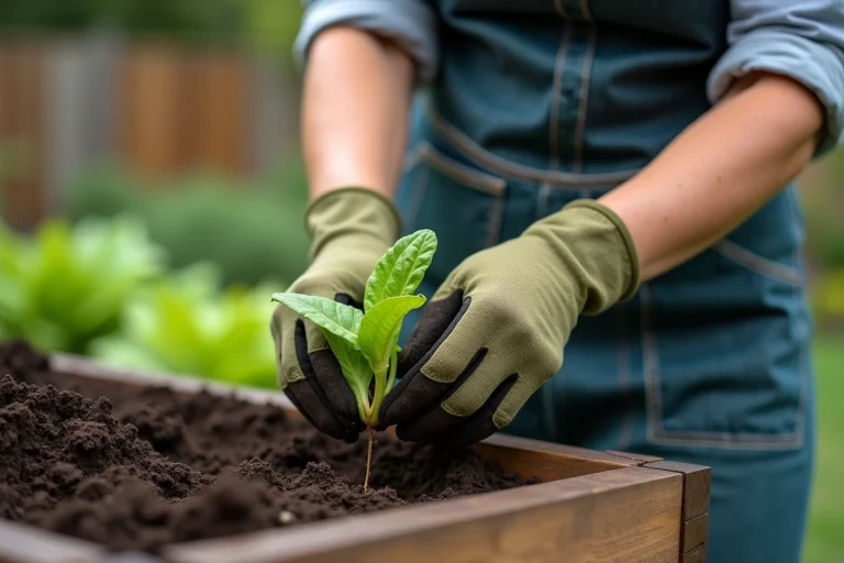 Femme jardinière repiquant des jeunes plants de laitue dans un potager surélevé en bois avec un sol riche en compost