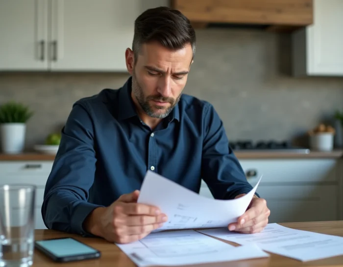 Homme consultant des documents de crédit et son smartphone pour effectuer une rétractation Cofidis en ligne