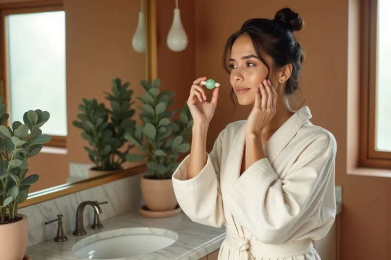 Femme appliquant un rouleau jade sur son visage devant un miroir de salle de bain en marbre pour sublimer sa beauté naturelle