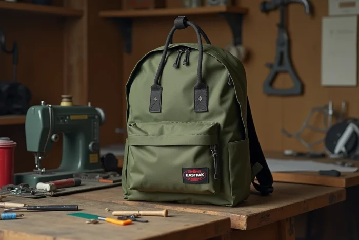 Sac à dos Eastpak vert olive posé sur un établi en bois avec des outils de couture, illustrant la garantie à vie et la réparation du produit