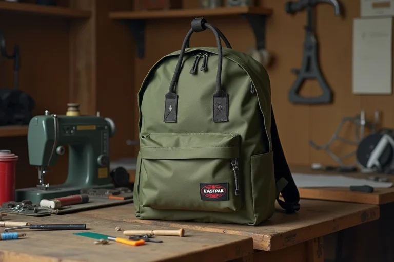 Sac à dos Eastpak vert olive posé sur un établi en bois avec des outils de couture, illustrant la garantie à vie et la réparation du produit