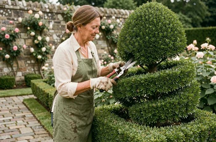 Femme sculptant une haie de buis en forme de spirale géométrique dans un jardin à l'anglaise avec des outils de taille professionnels