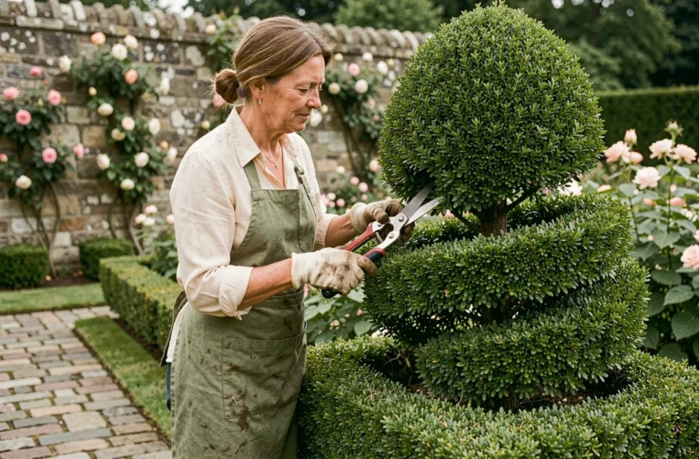 Femme sculptant une haie de buis en forme de spirale géométrique dans un jardin à l'anglaise avec des outils de taille professionnels