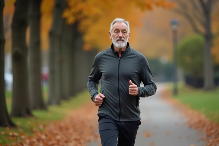 Homme senior actif marchant dans un parc en automne, symbolisant l'entretien de la trophicité cérébrale par l'activité physique