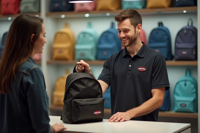 Employé de magasin remettant un sac Eastpak noir réparé à un client au comptoir du service après-vente, illustrant le processus de garantie à vie
