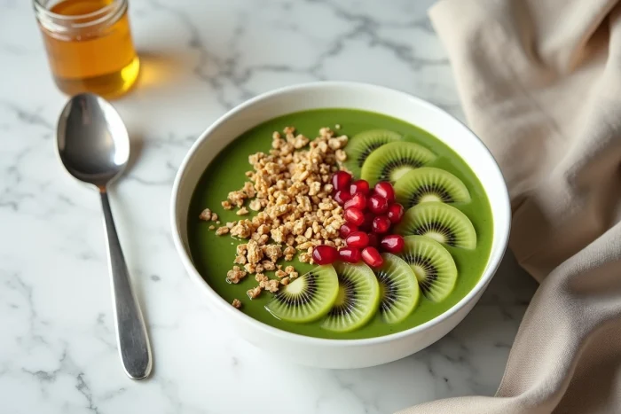 Bol de smoothie vert garni de tranches de kiwi frais, grenade et granola sur marbre gris, illustrant une recette saine riche en vitamines