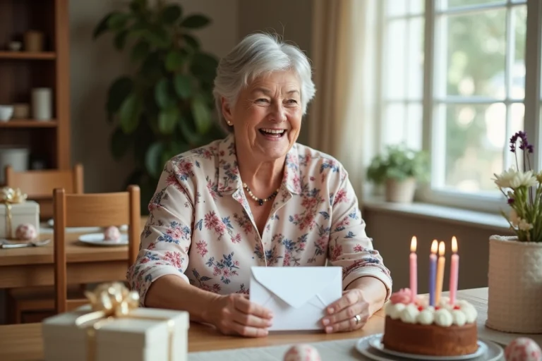 Femme d'une soixantaine d'années recevant une enveloppe cadeau lors d'un anniversaire en famille