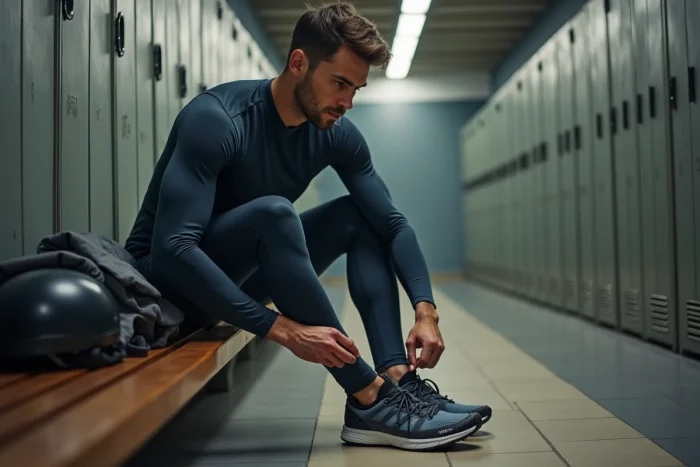 Sportif lacant ses chaussures de trail dans un vestiaire avant une séance d'entraînement avec son équipement complet